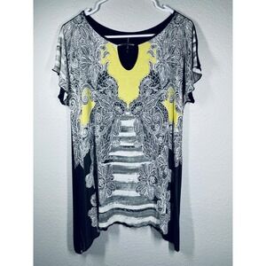 SKINNY MINNIE Women's Sz Lg. Black Yellow White Floral Neck Tunic Top L